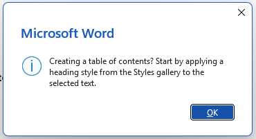 Message for table of contents missing headings in Word